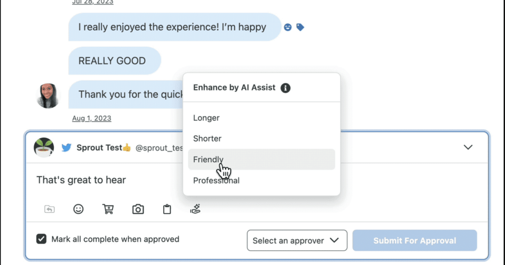 Sprout Social's Enhance by AI Assist uses AI to personalize customer interactions so teams can tailor responses based on the tone of the incoming messages, ensuring that replies are relevant and resonate with the customer's emotional state.